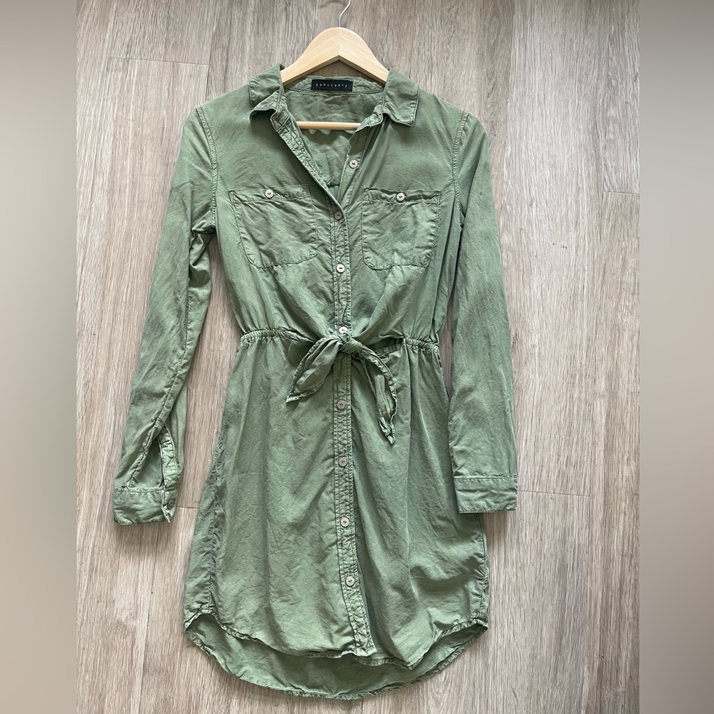 Anthropologie Sanctuary Olive Tie Waist Shirt Dress | Long Sleeve Utility Dress